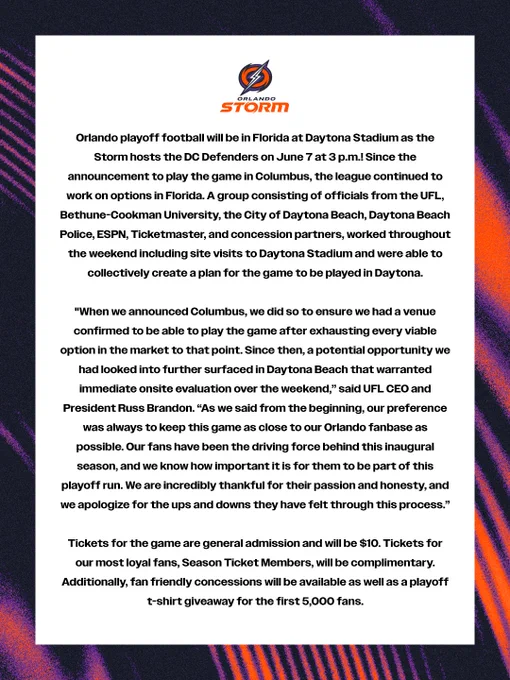 Announcement detailing the Orlando Storm's playoff game against the DC Defenders at Daytona Stadium. Includes ticket prices and perks.