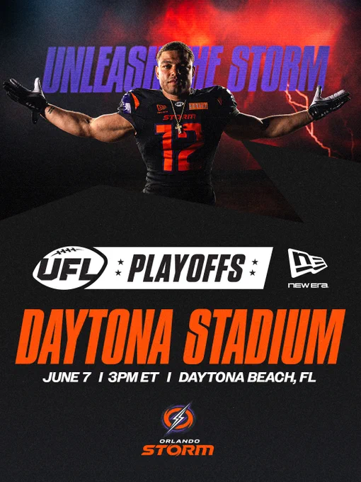 A football player promoting the Orlando Storm's UFL Playoffs game at Daytona Stadium. Energetic and bold design.