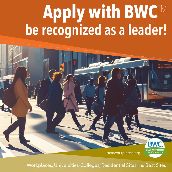 Group of pedestrians walking in a busy city street.   Text says, "Apply with BWC to be a recognized leader."