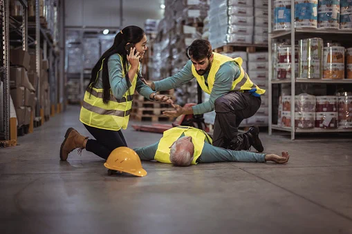 Two warehouse workers tending and trying to provide aid to another worker. One worker is calling on the phone for help and the other worker is assessing the worker on the floor of the warehouse.