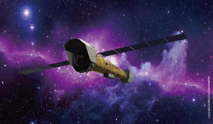 Wizja artystyczna obserwatorium kosmiczneo NewAthena.

Żrodło: ESA/IRAP/CNRS/UT3/CNES/Fab&Fab. Kompozycja: ACO.
