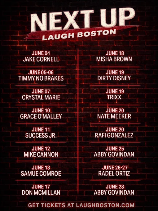 Promotional poster for upcoming comedy shows at Laugh Boston featuring various comedians in June. The design is bold with a brick wall background.