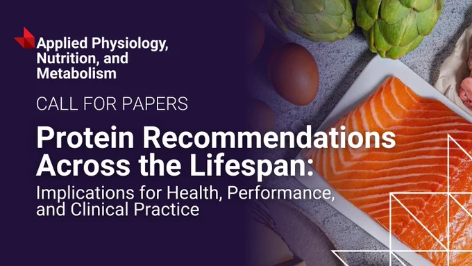Close-up of fresh salmon fillet, eggs, and artichokes beside text about protein recommendations across the lifespan for health and clinical practice.