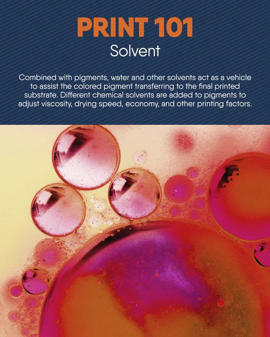 PRINT 101 poster 'Solvent' - says solvents transfer pigments and adjust viscosity/drying; abstract pink-orange oil droplets.