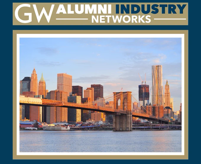 Skyline of New York City with the Brooklyn Bridge in the foreground during sunset, featuring the text "GW Alumni Industry Networks.