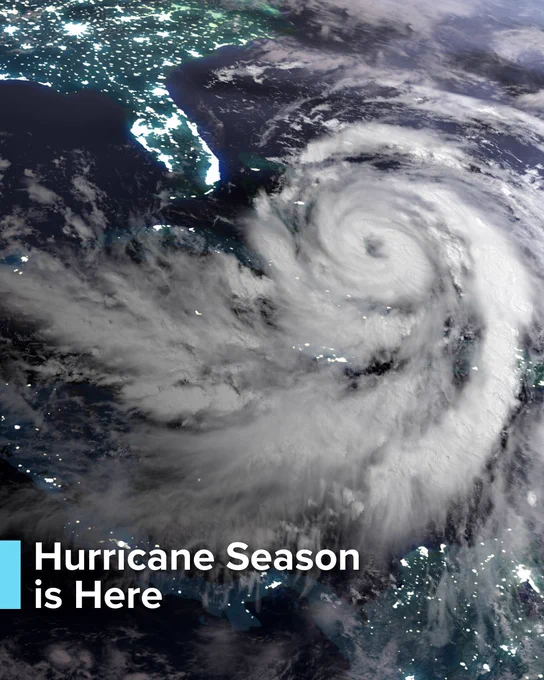 Satellite view of a large hurricane swirling over the Gulf of Mexico, approaching the southeastern United States, including Florida. Text in the lower corner reads, "Hurricane Season is Here.