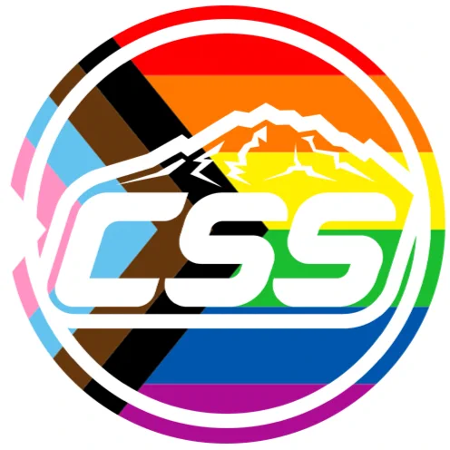 Logo featuring 'CSS' in bold white letters over a mountain outline, set against a rainbow Pride flag background with added brown, black, and blue stripes.