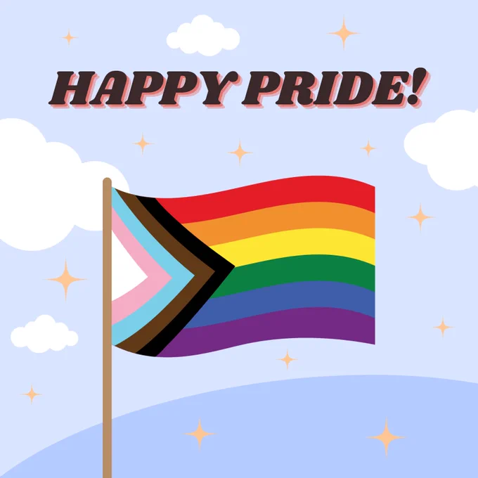 Graphic with a pride flag that says, “Happy Pride!”