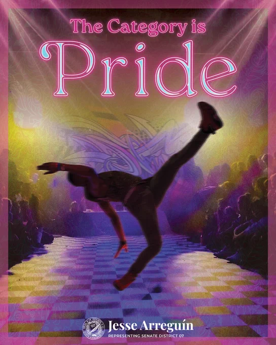 Text: The Category is Pride
Image: Dancer performing on a purple and pink illuminated dancefloor. 