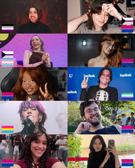 Montagem que exibe uma foto de cada streamer junto de sua respectiva bandeira, dispostos em 2 colunas de 5 fileiras. Da esquerda pra direita, de cima pra baixo, temos: Cellbit, com uma bandeira assexual (4 listras horizontais, na ordem preto, cinza, branco e roxo); Bagi, com as bandeiras bissexual (3 listras horizontais, na ordem rosa, roxo e azul) e demissexual (3 listras horizontais, na ordem branco, roxo e cinza, e um triangulo preto no lado esquerdo); Bea, com as bandeiras transsexual (5 listras horizontais, na ordem azul, rosa, branco, rosa, azul) e demissexual; Bastet, com a bandeira gay (7 listras horizontais, em que as 3 primeiras fazem um degradê verde, as 3 últimas um degradê azul, e a do centro é branca); Kalera, com a bandeira panssexual (3 listras horizontais, na ordem rosa, amarelo e azul); Ljoga, com a bandeira bissexual; Maethe, com a bandeira bissexual; e Lorena, com a bandeira bissexual.