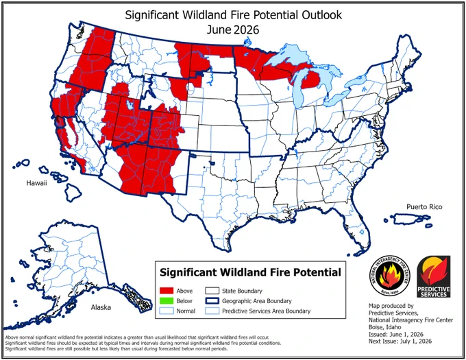 Map of the United States showing areas in red depicting those areas as above normal for significant wildland fire potential. This map is for June 2026. 