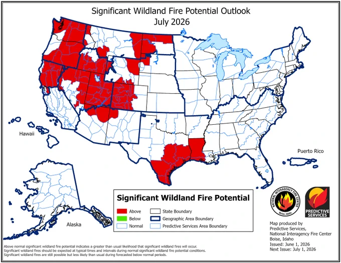 Map of the United States showing areas in red depicting those areas as above normal for significant wildland fire potential. This map is for July 2026. 