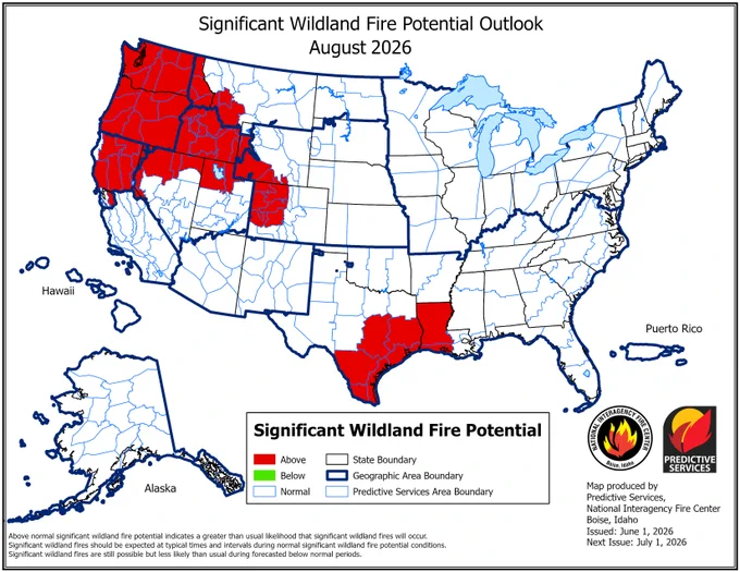 Map of the United States showing areas in red depicting those areas as above normal for significant wildland fire potential. This map is for August 2026. 