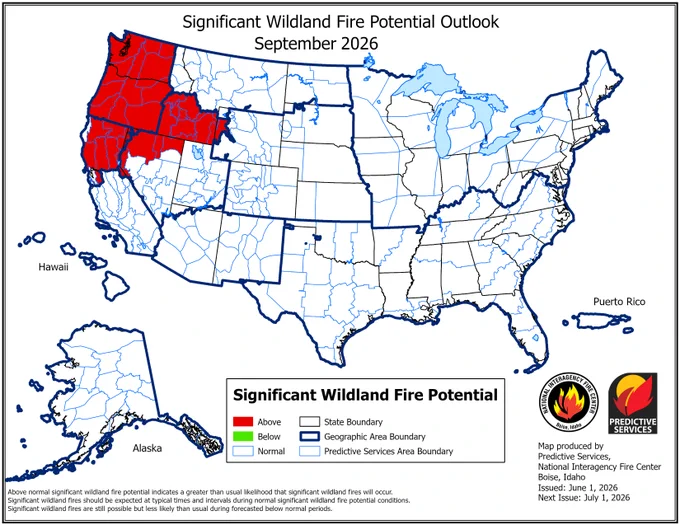 Map of the United States showing areas in red depicting those areas as above normal for significant wildland fire potential. This map is for September 2026. 