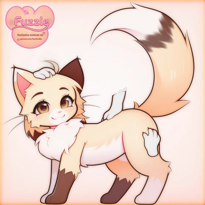 Digital anime-style illustration of a cute, stylized fox-like character with cream-and-brown fur, soft brown eyes, and a large fluffy curled tail. The character is smiling playfully against a warm pastel background with clean, colorful shading.