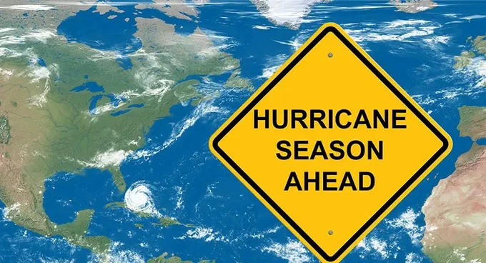 A yellow caution sign with the text "Hurricane Season Ahead" is overlaid on a satellite image of the Earth, showing the Atlantic Ocean and surrounding continents.

