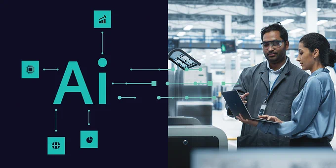Text that says AI next to employees using a laptop. 