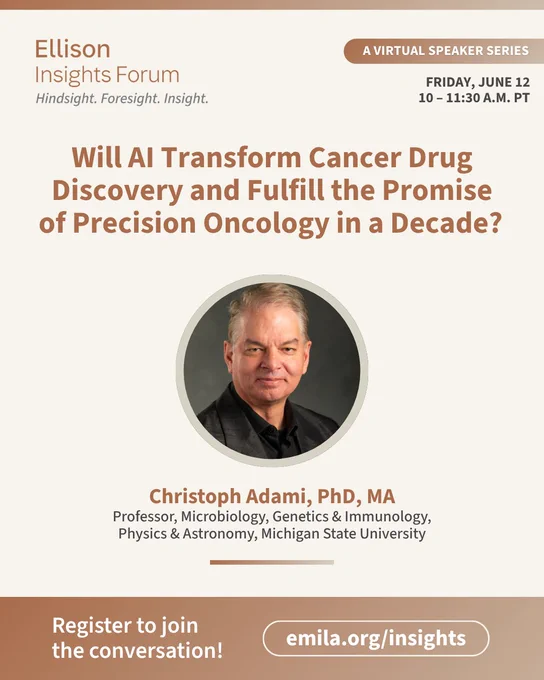 A flyer with Dr. Adami's picture advertising his talk at the Ellison Insights Forum. 
