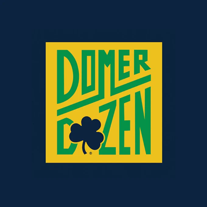 Logo featuring the words 'Domer Dozen' in bold, geometric green letters on a yellow square. A shamrock symbol is placed within the design, set against a dark background.