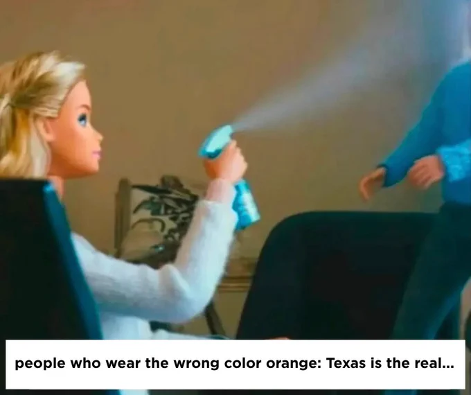 A Barbie spraying water at another Barbie.