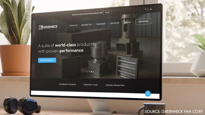 Desktop monitor displaying the Greenheck website homepage with product navigation and ventilation equipment imagery, set on a desk with a plant and headphones nearby.