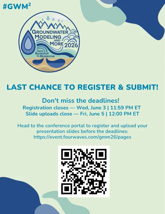Promotional graphic for "Groundwater Modeling and More 2026: From Raindrop to Reservoir" on a light green background with colorful geometric designs along the top right and bottom left edges. The conference logo appears in the top left, with the conference hashtag #GWM2 in bold text above it. Below that, a subheading reads "Last Chance to Register & Submit!" The main text reads: "Don't miss the deadlines!  Registration closes — Wed, June 3 | 11:59 PM ET Slide uploads close — Fri, June 5 | 12:00 PM ET" Below that, viewers are directed to the conference portal to register and upload their presentation slides before the deadlines: https://event.fourwaves.com/gmm26/pages. A QR code is centered at the bottom of the graphic, overlapping the geometric design slightly.