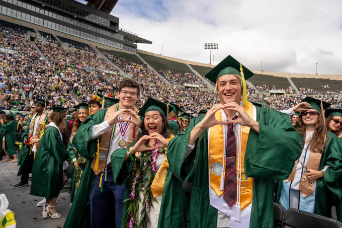 A group of graduates in green robes and caps celebrate at a stadium. Two individuals in the front are throwing the O with their hands. The crowd in the stands is visible in the background.
