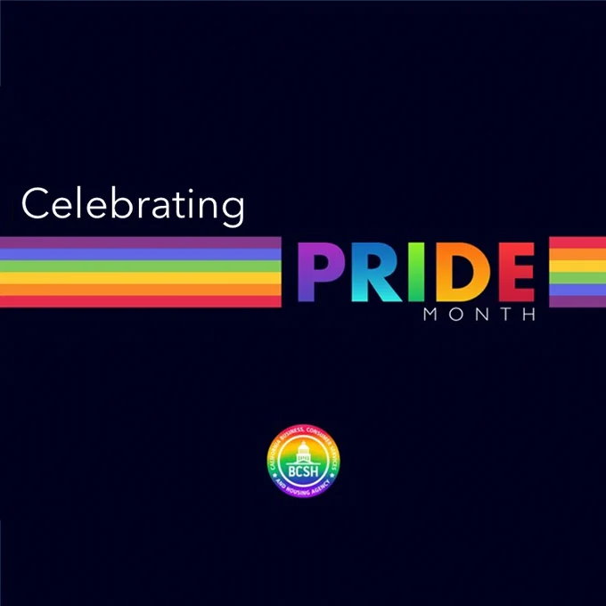 Black background with the pride flag colors running horizontally across. Inlaid text reads: Celebrating Pride Month. 