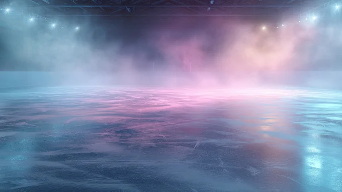 Colorful blues, pink and purple lights shine on the ice skating rink during Cosmic Skating.