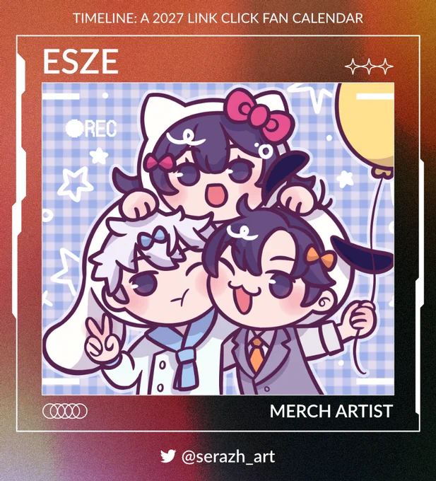 Framed by a camera UI design is the text, "Timeline: A 2027 Link Click Fan Calendar. Esze! Merch artist. @ serazh_art on Twitter." Pictured in the foreground are chibi Cheng Xiaoshi on the right, Lu Guang on the left, and Qiao Ling in the center, all three posting for a photo. Cheng Xiaoshi wears a Pocchaco hat and holds a yellow balloon, Lu Guang wears a Cinnamon Roll hat and throws a peace sign, and Qiao Ling wears a Hello Kitty hat. In the top left corner is a recording marker. The background is a light blue gingham pattern decorated with white stars and flowers.