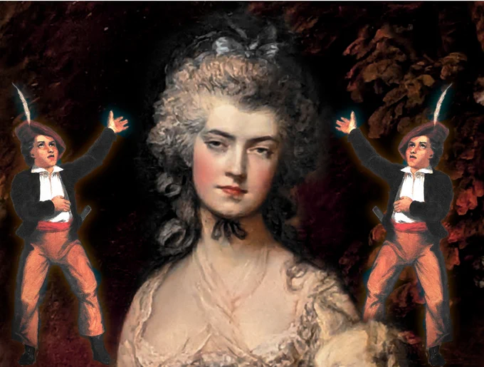 An 18th century portrait of a grand lady ('Mrs Robinson'). She looks extremely put-upon. To either side of her is a tiny storyteller, declaming loudly into her ears.