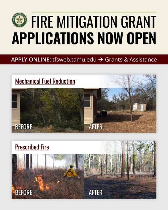 Advertisement for fire mitigation grant applications featuring two comparison sections: "Mechanical Fuel Reduction" and "Prescribed Fire," each showing "Before" and "After" photos. The top section shows vegetation density changes near a building, and the bottom section illustrates controlled burning in a forest.
