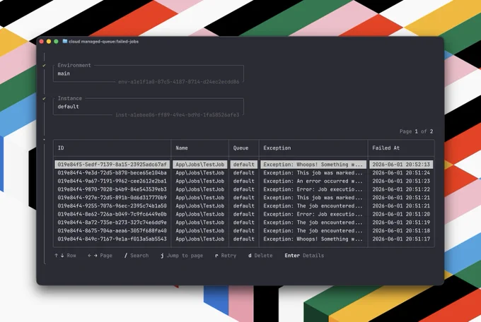 Terminal showing off the new managed-queues:failed-jobs command in the Laravel Cloud CLI