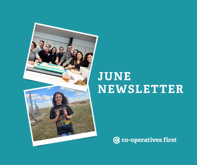 A green background with white letters that say "June Newsletter". Two photographs - one of a group of nine people smiling for the camera and cutting a large cake, and another of a young woman with long curly hair, holding a camera, with a field and blue sky in the background.