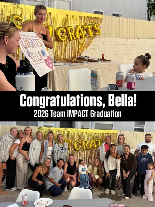 The UCLA beach volleyball team celebrates the Team IMPACT graduation of their teammate Bella