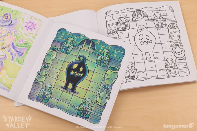 A photo of two copies of the Stardew Valley Coloring Book, one of them colored-in and one not, showing an illustration of Krobus in the Sewers. 