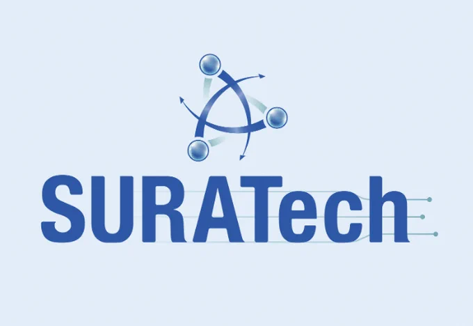 Logo in blue, with "SURATech" and three marbles in a tilted triangular pattern with connected and overlapping swooshes