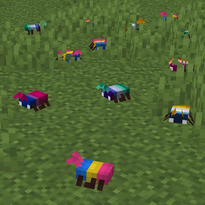 A Minecraft screenshots of colorful bugs called "Scrimblos" run across the ground.