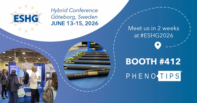 A graphic with a blue and purple gradiant background contains a white semi-circle in the top left corner containing the ESHG logo and text to the right reading "Hybrid Conference, Göteborg, Sweden, June 13-15, 2026. A white dashed line snakes around an image of the PhenoTips team at a cnference booth and an image of PhenoTips branded black and gold pens. It then snakes around text reading, "meet us in 2 weeks at #ESHG2026" and ends with a location marker over "BOOTH #412, PhenoTips"