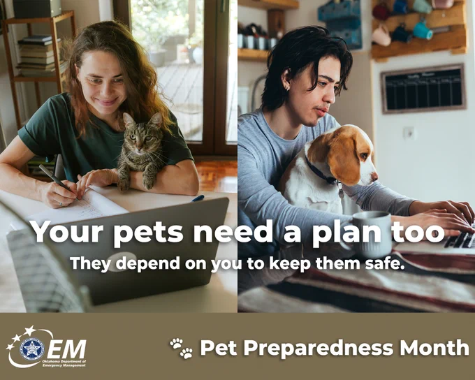 Image shows photos of a woman with a cat writing on paper and a man with a dog typing on a laptop. The text says "Your pets need a plan too. They depend on you to keep them safe. Pet Preparedness Month"