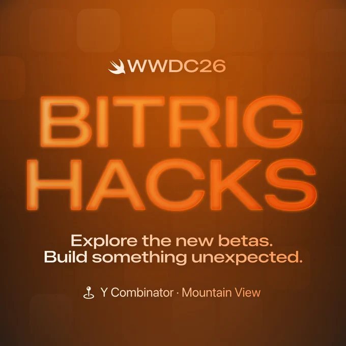 Bitrig Hacks announcement featuring vibrant orange text, promoting a hackathon at Y Combinator in Mountain View.