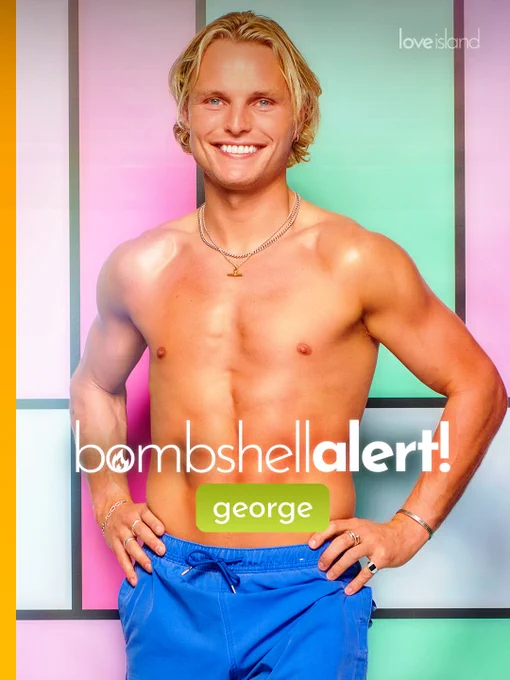 George, a muscular blond man stands shirtless with hands on his hips against a colorful, pastel panel background. He wears blue swim shorts and layered necklaces. On-screen text reads: “bombshell alert!” with the name “george.”