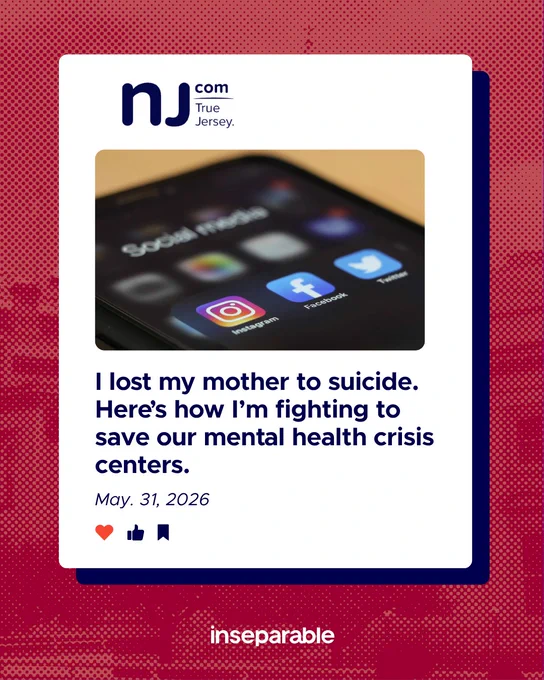 Screenshot of an OpEd in NJ.com by Asw. Andrea Katz about fighting to save mental health crisis centers. Has a photo of an iPhone showing social media. 