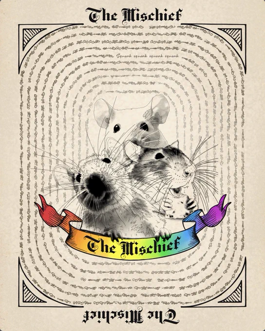 A page from the Book of Pride, featuring a group of happy rats, entitled ‘The Mischief’ on a rainbow banner.
