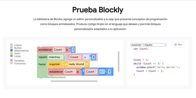 Interfaz de Prueba Blockly mostrando la conversion de bloques de programación visual en español a codigo JavaScript, incluyendo un bucle que imprime un mensaje y aumenta un contador.