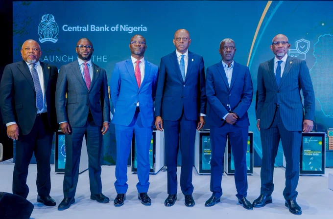 Launch of Nigeria Payments System Vision (PSV) 2028: L-R: Mr. Philip Ikeazor, Deputy Governor, Economic Policy, Central Bank of Nigeria (CBN); Dr. Muhammad Sani Abdullahi, Deputy Governor, Corporate Services, CBN; Dr. Emomotimi Agama, Director-General, Securities and Exchange Commission (SEC); Mr. Olayemi Cardoso, the Governor, Central Bank of Nigeria; Dr. Aminu Maida, Executive Vice Chairman/Chied Executive Officer, Nigerian Communications Commission (NCC); and Mr. Lamido Yuguda, Deputy Governor, Financial System Stability (FSS) at the CBN, shortly after the formal unveiling of the Nigeria Payments System Vision (PSV) 2028, in Abuja, on Monday, June 1, 2026.