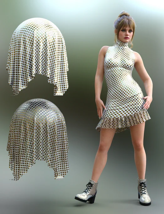Grommet Mesh Fabric Iray Shaders bring a bold, metallic aesthetic to your 3D projects, featuring intricately detailed circular grommets set against a fine, breathable mesh. Daz 3D 
https://www.daz3d.com/grommet-mesh-fabric-iray-shaders--mr
These shaders offer a unique fusion of industrial edge and contemporary fashion, perfect for creating garments and props with a high‑end, textured finish that emphasizes shimmering light and structural depth.
Each shader is crafted with high‑resolution 4K maps, ensuring crisp detail and a realistic fabric weave that captures the subtle sheen and weight of premium textiles.
The metallic effect is achieved through expert surface detailing, allowing light to catch the reflective surfaces of the grommets for a sophisticated, three‑dimensional look.
All texture files are neatly organized in the Runtime folder, making them easy to use in Photoshop, Substance Painter, Marvelous Designer, and other creative tools.
For resale projects, simply bake the texture