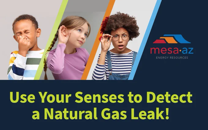 Three children emphasizing the importance of using senses (smell, hearing, sight) to detect natural gas leaks.