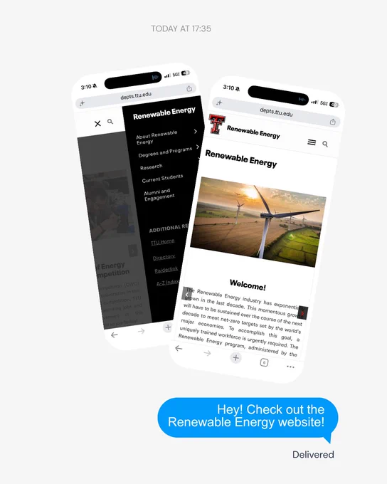 Smartphone screens showing Texas Tech University's Renewable Energy website with wind turbines and navigation menu visible.