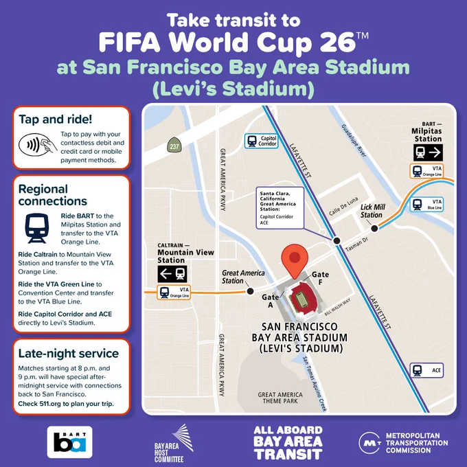 Take transit to FIFA World Cup 26  at San Francisco Bay Area Stadium (Levi's Stadium) 